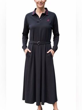 Beverly Hills Polo Club Woman’s Belted Long Sleeve Maxi Polo Dress Black Medium